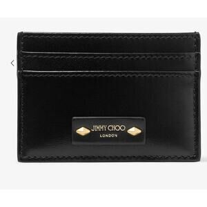 Jimmy Choo Umika Black Leather Card Holder Gold Diamond Studs Italy Designer